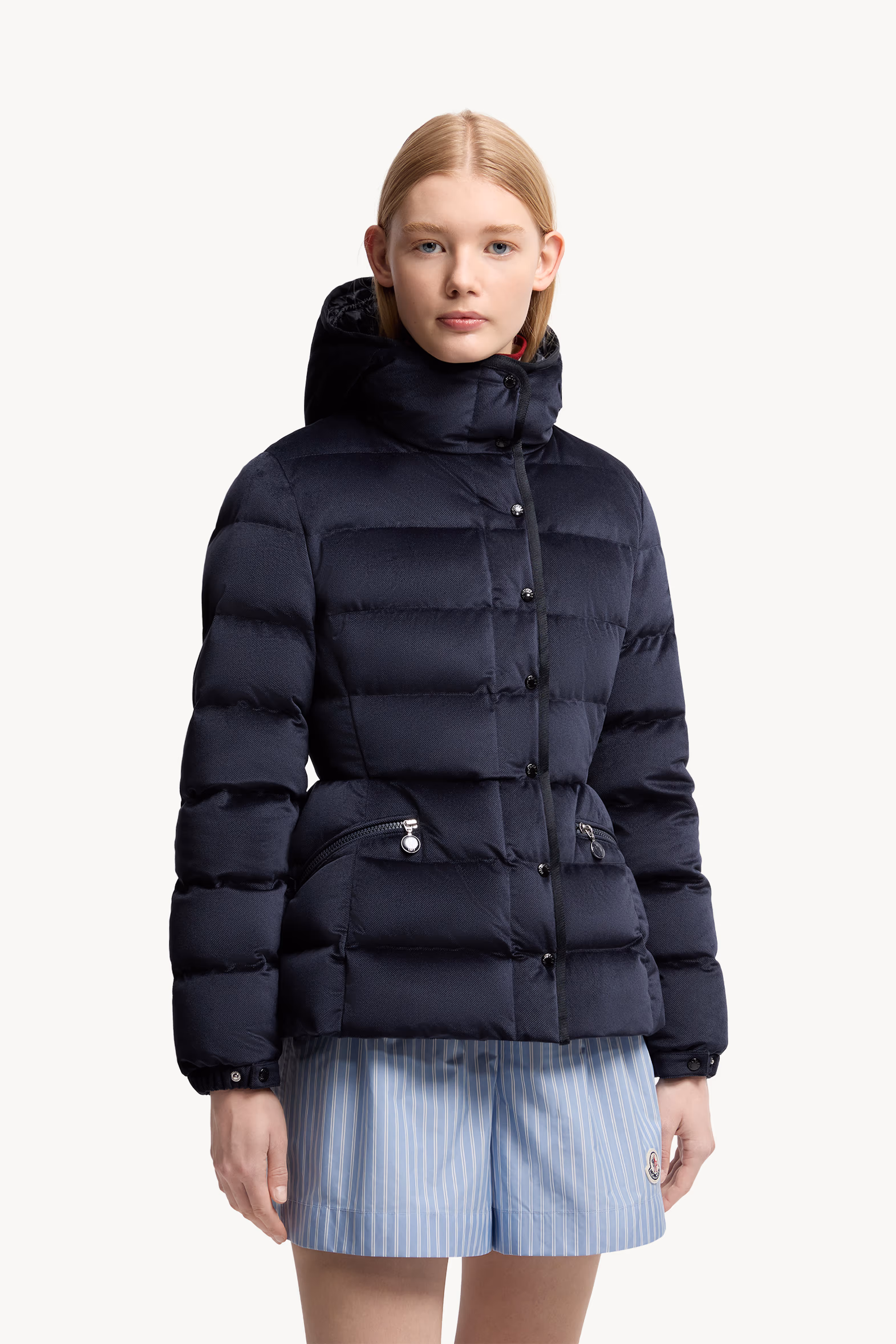 Barante Hooded Velour Short Down Jacket Women Blue Moncler 3